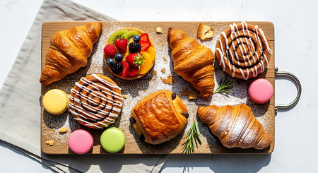 Freshly baked croissants with berries and macaroons on a wooden board.の素材