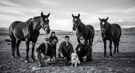 Group of friends with a dog and a horse in the desert.の素材