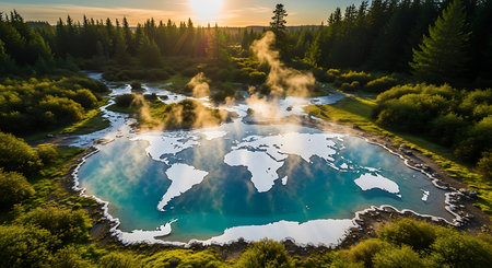 Aerial view of hot spring in Yellowstone National Park, Wyoming, USAの素材