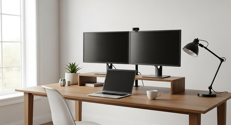 Computer on a wooden table in a modern office. 3d renderingの素材