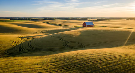 Aerial view of a red barn on a wheat field at sunsetの素材