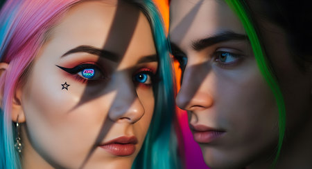 Portrait of beautiful young woman and man with colorful makeup in studioの素材