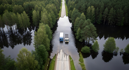 Aerial view of a truck driving on the road through the forestの素材