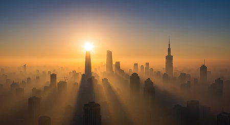 Aerial view of shanghai skyscrapers at sunrise.の素材