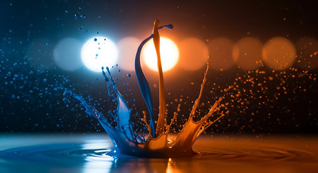 Falling drops of water. Splash effect after collision a falling drops with water Surfaceの素材