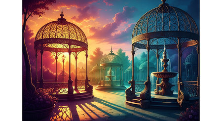 Beautiful fantasy landscape with lanterns at sunset. Vector illustration.の素材