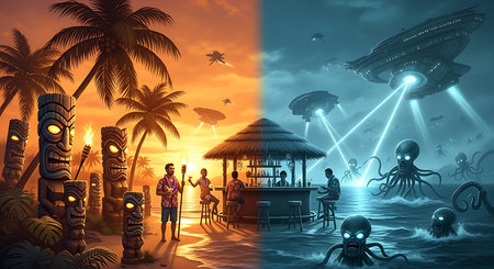 Surreal scene with people on the beach. 3d illustration.の素材