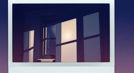 Illustration of a window with a view of the city at sunsetの素材