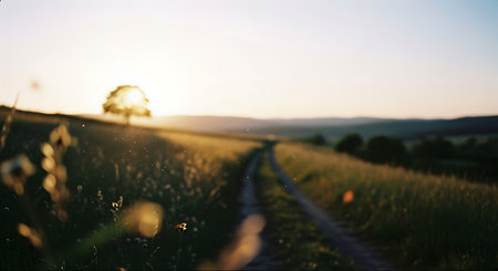 Beautiful rural landscape with a road through the field at sunset.の素材