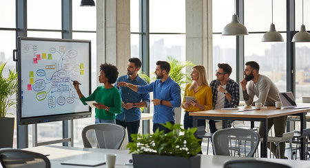 Group of multiethnic business people working together in modern office.の素材