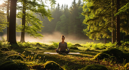 Young woman practicing yoga in the forest at sunrise. Healthy lifestyle concept.の素材