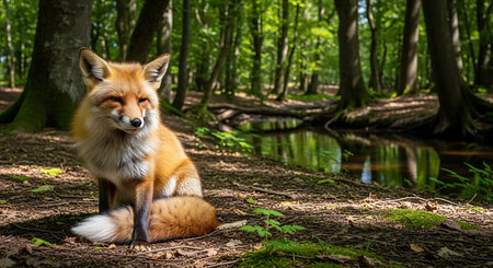 Red fox sitting on the ground in the forest with a lake in the backgroundの素材