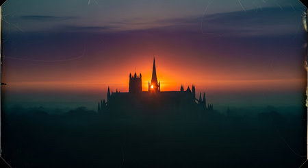 Panoramic view of the medieval castle in the fog at sunset.の素材