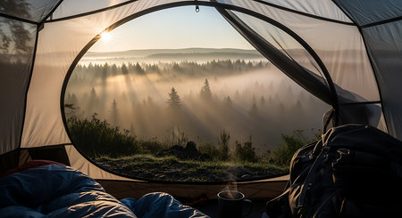 Camping in the mountains. Beautiful sunrise in the mountains. View from the tent.の素材