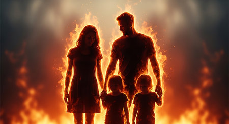 Silhouette of a family on a background of the fire.の素材