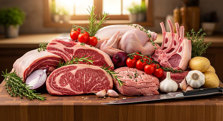 Assortment of raw meat including turkey, pork, lamb, beef, chicken, turkey, pork, turkey, lamb, beef, chicken fillet, fresh vegetables and spices on a wooden boardの素材