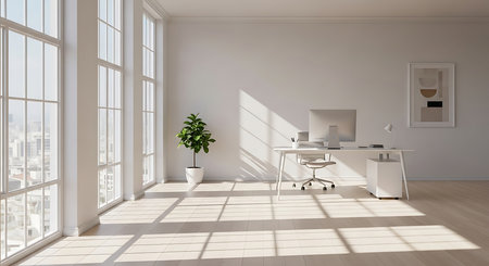 Modern office interior with white walls, wooden floor, panoramic window and daylight. 3d renderingの素材