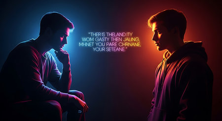 Two young men looking at each other against red and blue glowing backgroundの素材