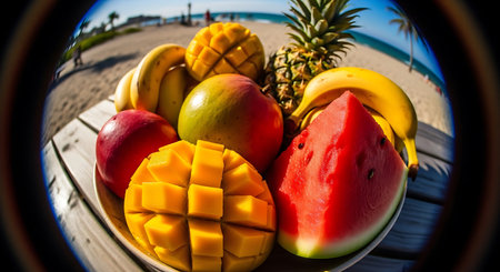 Fruits on the beach. Mango, watermelon and pineappleの素材