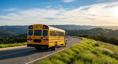 School bus on the road in the mountains at sunset. Back to school concept.の素材