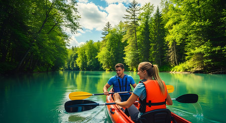 Couple kayaking on the lake in the forest. Man and woman kayaking on the lake.の素材