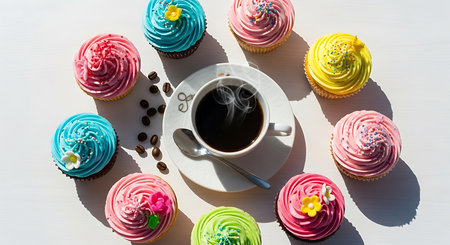 Cup of coffee and colorful cupcakes on a white background.の素材