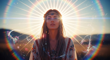 Portrait of a beautiful hippie girl on the sunset background.の素材