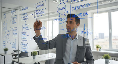 Businessman writing business plan on glass wall in office. Business concept.の素材