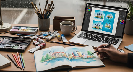 Cropped image of female graphic designer working on laptop while sitting at her working placeの素材