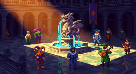 Illustration of a fantasy scene with a dragon playing on a fountainの素材