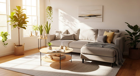 Living room interior with sofa, coffee table and plants. 3d renderの素材