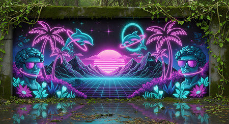 80s Retro Sci-Fi Landscape. Futuristic background.の素材