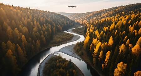 Drone flying over the river in autumn forest. Aerial view.の素材