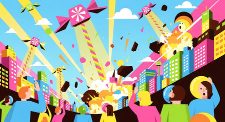 Crowd of young people having fun on a city street. Vector illustration.の素材