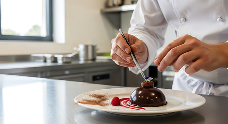 Chef decorating a chocolate cake with raspberries in the kitchenの素材
