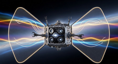 3D rendering of a space station with a luminous background.の素材