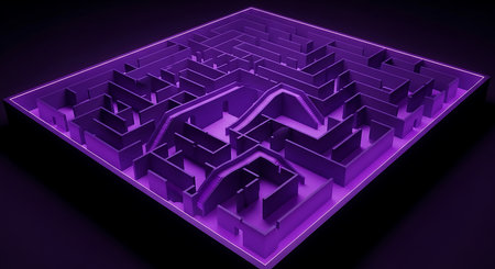 Labyrinth. 3d render of a labyrinth in purple light.の素材