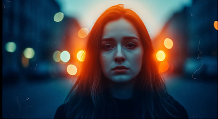 Portrait of a young beautiful girl in the city at night.の素材