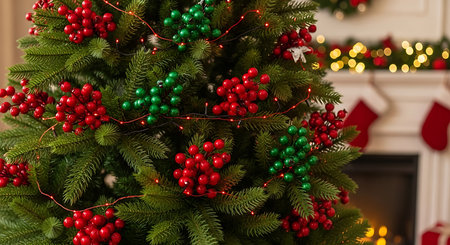 Christmas tree decorated with red and green garland, closeup viewの素材