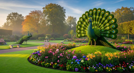Beautiful peacock in the garden at sunset. Colorful landscape.の素材