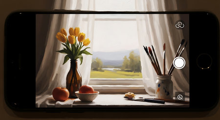 Vase with yellow tulips and paintbrushes on the windowの素材