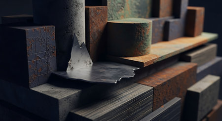 3d illustration of a pile of old rusty iron bars, closeupの素材