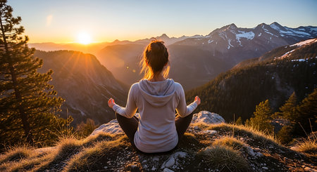 Young woman meditating on top of a mountain during a beautiful sunriseの素材