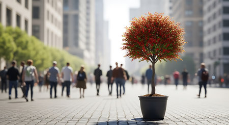 Tree in a pot on the background of people walking in the cityの素材