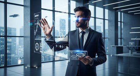 Businessman in modern office using virtual panel interface. 3D renderingの素材