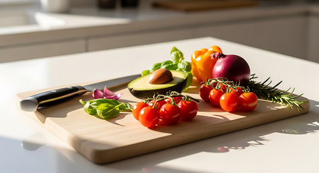 vegetables on a cutting board on a white kitchen table in sunlightの素材