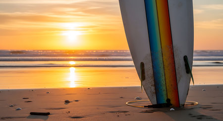 Surfboard on the beach at sunset. Beautiful natural background.の素材