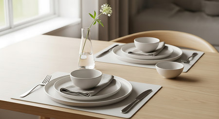 Table setting with plates, glasses and cutlery on wooden tableの素材