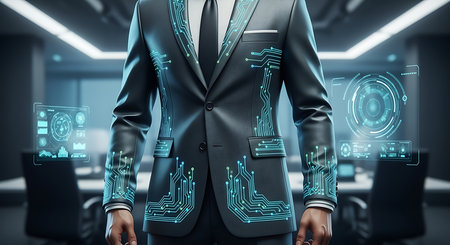 Close up of businessman in modern office interior with circuit board. Mixed mediaの素材