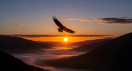 Flying eagle over the sea of fog at sunset in the mountains.の素材